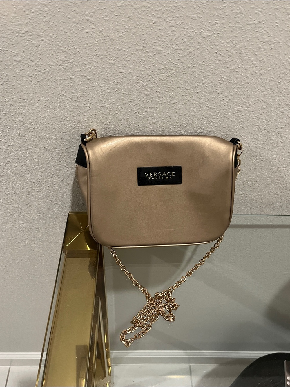 Versace Parfums Metallic Gold Crossbody Bag with Chain Strap